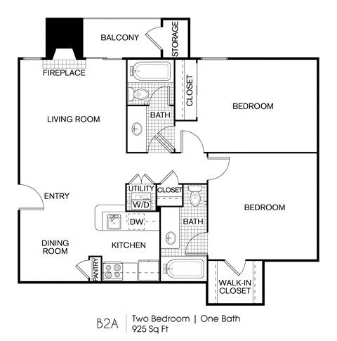 Floor plan for 2 beds, 2 baths, 925 sqft